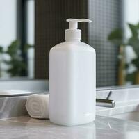 een wit fles van shampoo staat Aan de tafel in badkamer. ai generatief foto