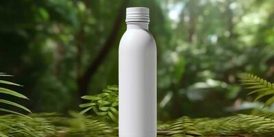 wit blanco fles mockup met natuurlijk thema achtergrond. ai generatief foto