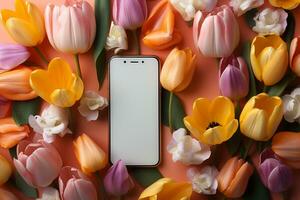 tulpen en mobiel telefoon Aan een levendig feestelijk achtergrond, vlak leggen stijl ai gegenereerd foto