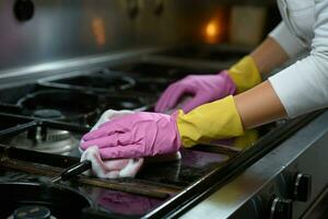 huiselijk tafereel vrouw hand- in handschoenen reinigt fornuis, huisvrouwen tevredenheid evident van bovenstaand ai gegenereerd foto