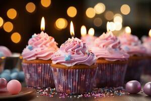 verjaardag koekje gloeiend, levendig kaarsen, roze lint geschenk feestelijk en hartverwarmend ai gegenereerd foto