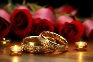 dichtbij omhoog bruiloft ringen glans tegen een backdrop van rood rozen en kaarsen ai gegenereerd foto