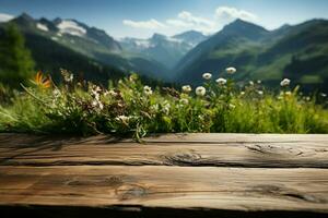 ontspannende sfeer houten tafel Aan wazig berg en gras perfect voor Product Scherm ai gegenereerd foto