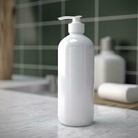 een wit fles van shampoo staat Aan de tafel in badkamer. ai generatief foto