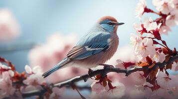 vogelstand zittend in een boom gevulde met kers bloesem bloemen. generatief ai foto