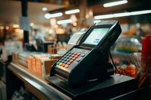 operationeel pos terminal in de winkel, klaar voor doeltreffend transactie verwerken. ai gegenereerd foto