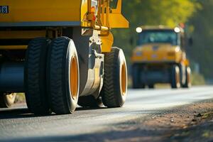 detailopname visie geel weg rol werken Aan zwart asfalt voor land weg bouw. ai gegenereerd foto