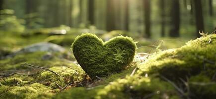 detailopname van houten hart Aan mos. natuurlijk begrafenis graf in de bossen. generatief ai foto