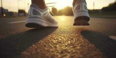 dichtbij omhoog Aan de schoen, loper atleet voeten rennen Aan de weg onder zonlicht in de ochtend. ai generatief foto