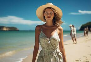 ai generatief jong toerist vrouw in zomer jurk en hoed staand Aan mooi zanderig strand. schattig meisje genieten van foto