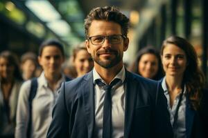 ai generatief groep van gelukkig bedrijf Mens en bedrijf Dames, gekleed in pakken zijn lachend, in de kantoor foto