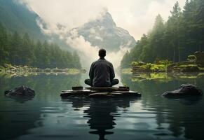 ai generatief foto van een Mens beoefenen opmerkzaamheid en meditatie in een vredig natuurlijk milieu Sony a7s realistisch afbeelding, ultra hd, hoog ontwerp heel gedetailleerd