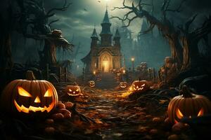 halloween achtergrond met pompoenen en achtervolgd huis - 3d veroorzaken. halloween achtergrond foto