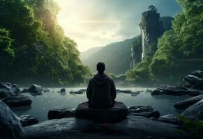 ai generatief foto van een Mens beoefenen opmerkzaamheid en meditatie in een vredig natuurlijk milieu Sony a7s realistisch afbeelding, ultra hd, hoog ontwerp heel gedetailleerd