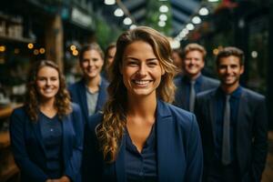 ai generatief groep van gelukkig bedrijf Mens en bedrijf Dames, gekleed in pakken zijn lachend, in de kantoor foto