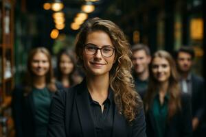 ai generatief groep van gelukkig bedrijf Mens en bedrijf Dames, gekleed in pakken zijn lachend, in de kantoor foto