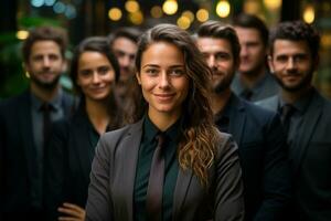 ai generatief groep van gelukkig bedrijf Mens en bedrijf Dames, gekleed in pakken zijn lachend, in de kantoor foto