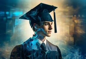 ai gegenereerd dubbele blootstelling foto van jong Mens met diploma uitreiking pet technologie achtergrond realistisch beeld