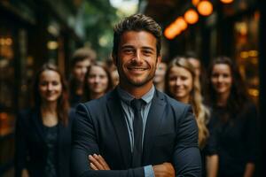 ai generatief groep van gelukkig bedrijf Mens en bedrijf Dames, gekleed in pakken zijn lachend, in de kantoor foto