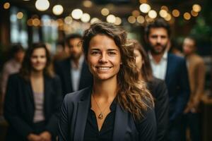 ai generatief groep van gelukkig bedrijf Mens en bedrijf Dames, gekleed in pakken zijn lachend, in de kantoor foto