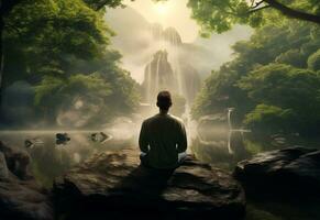 ai generatief foto van een Mens beoefenen opmerkzaamheid en meditatie in een vredig natuurlijk milieu Sony a7s realistisch afbeelding, ultra hd, hoog ontwerp heel gedetailleerd