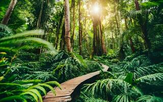 reis in de hart van de betoverd tropisch regenwoud, onthulling van de natuur verborgen schatten in een groen wonderland. ai gegenereerd foto