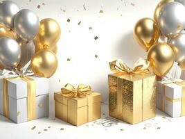 verjaardag gouden en zilver ballonnen geschenk dozen . generatief ai foto