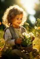 nieuwsgierig kind verwondering Bij bloeiend wilde bloemen in een zon doorweekt weide foto