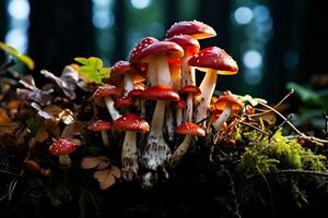 een groep van wild champignons een schat schat in de Woud boeiend met hun levendig kleuren en uniek vormen foto