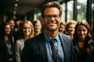 ai generatief groep van gelukkig bedrijf Mens en bedrijf Dames, gekleed in pakken zijn lachend, in de kantoor foto