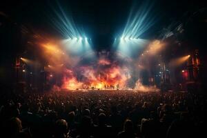 ai generatief druk concert stadium landschap met schijnwerpers en gekleurde lichten realistisch afbeelding, ultra hd foto