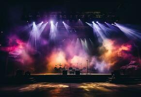 ai generatief concert stadium landschap met schijnwerpers gekleurde lichten rook foto