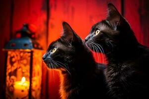 elegant zwart kat silhouetten genade een diep Purper achtergrond vastleggen de mysterie en verleiden van deze raadselachtig schepsels foto