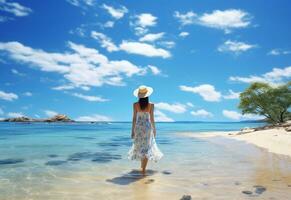 ai generatief jong toerist vrouw in zomer jurk en hoed staand Aan mooi zanderig strand. schattig meisje genieten van foto