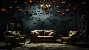 een spookachtig halloween leven kamer met spinnenweb bedekt meubilair vleermuizen hangende van de plafond en een achtergrond met leeg ruimte voor tekst foto