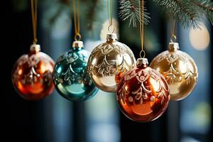 elegant vroeg 20e eeuw glas ornamenten glinsterende Aan een Kerstmis boom echoën een zin van verouderd feestelijk charme foto