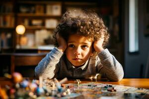 kinderen gezicht fluctueert tussen verwarring en verlichting terwijl aan het studeren leerzaam puzzels foto