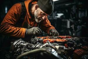 mannetje mechanica handen werken Aan een auto motor met werkplaats achtergrond foto