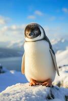 portret van een levendig pinguïn in een besneeuwd tafereel met een sereen zonsondergang backdrop foto