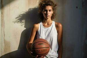 mooi vrouw met basketbal Aan mode stijl achtergrond foto