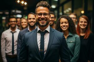 ai generatief groep van gelukkig bedrijf Mens en bedrijf Dames, gekleed in pakken zijn lachend, in de kantoor foto