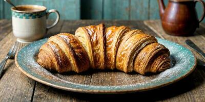 ai generatief. Frans croissant elegant weergegeven Aan een verontrust houten tafel. foto