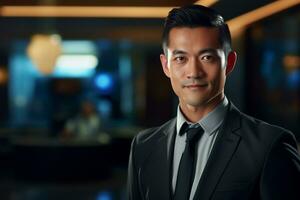 Aziatisch mannetje hotel receptioniste staand in voorkant van de hotel ontvangst teller foto