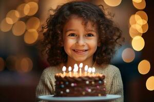 een meisje Holding een verjaardag taart met meerdere kaarsen Aan bokeh stijl achtergrond foto