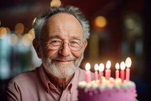 een ouderen Mens Holding een verjaardag taart met meerdere kaarsen Aan bokeh stijl achtergrond foto