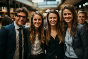 ai generatief groep van gelukkig bedrijf Mens en bedrijf Dames, gekleed in pakken zijn lachend, in de kantoor foto