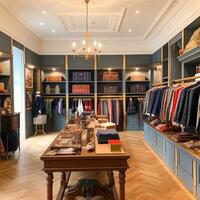 hoog straat kleinhandel, klein bedrijf en reclame interieur, mode op te slaan in de Engels platteland stijl, elegant land kleding winkel toonzaal en luxueus winkel in de oud dorp, generatief ai foto