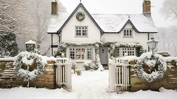 mooi land huisje versierd voor Kerstmis Aan een besneeuwd winter dag, vakantie en viering, generatief ai foto