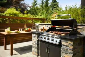 modern barbecue rooster in de achtertuin tuin buitenshuis, patio ontwerp, nabewerkt, generatief ai foto