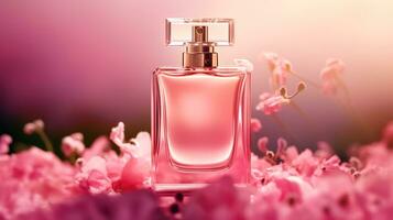 luxueus bloemen geur, geur fles en roze bloemen, parfum reclame in bloem tuin, op maat gemaakt parfumerie en schoonheid Product uitverkoop, generatief ai foto